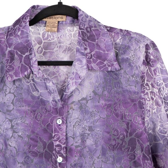 Y2K Sheer Blouse Tank Set XL Womens NEW Purple Floral Button Up Linen Blend - Picture 2 of 8